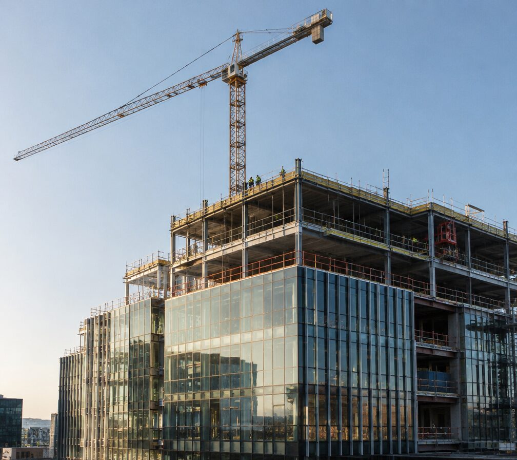 Modern glass-and-steel commercial building under construction