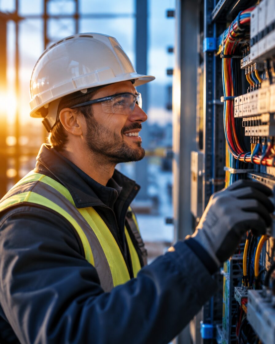 Electrical engineer inspecting panel wiring on a job site