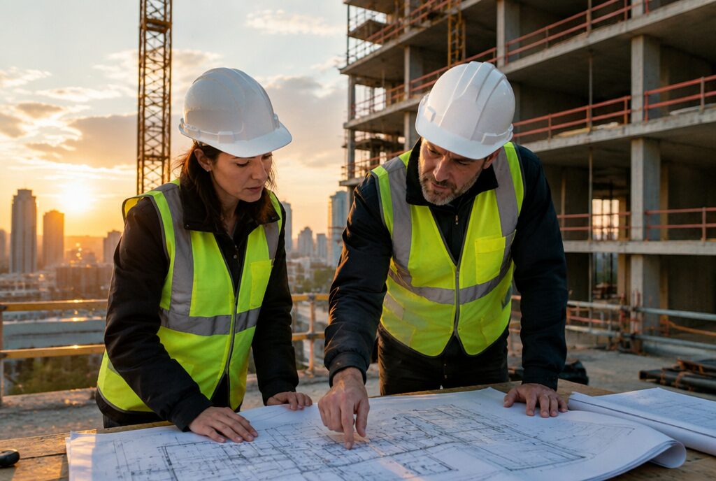 Architect and site engineer reviewing construction drawings on a high-rise site