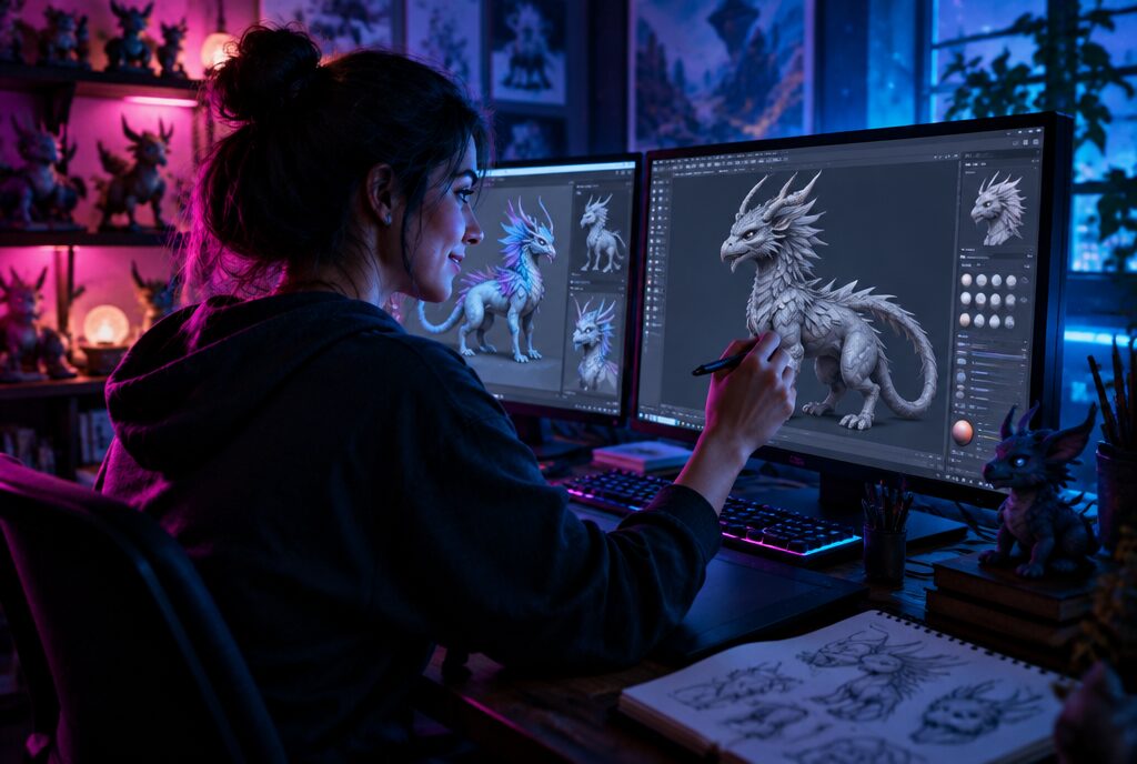 Game artist sculpting an original 3D creature at a dual-monitor workstation