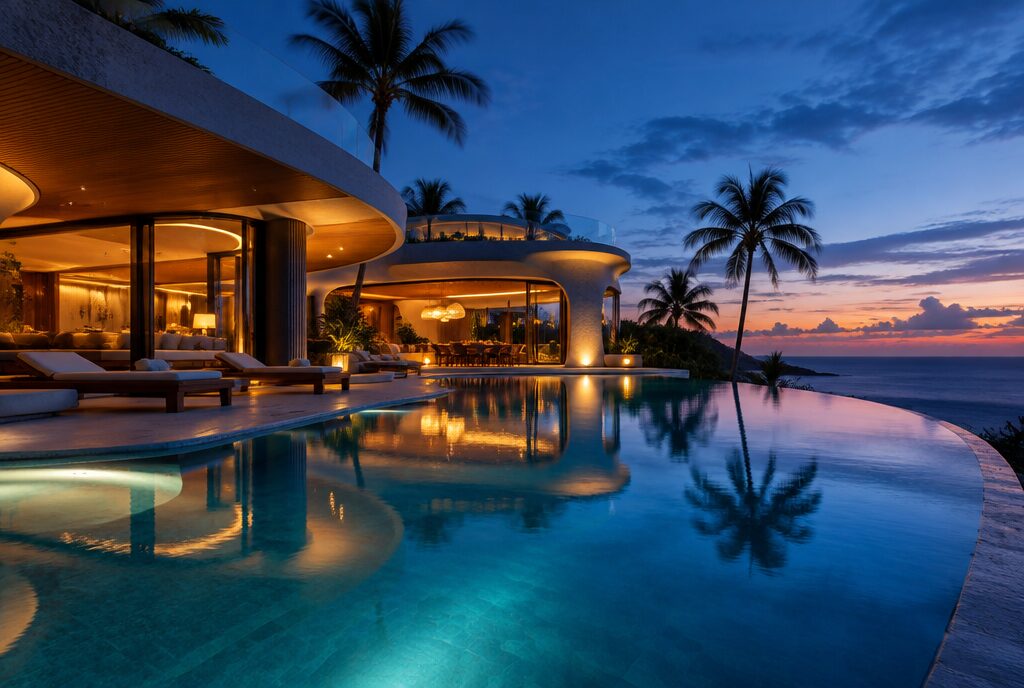 Modern luxury resort architecture with an infinity pool at dusk