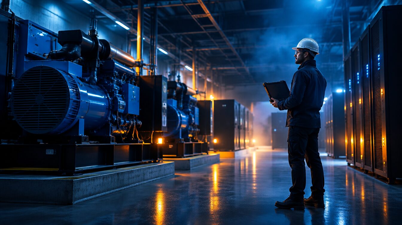 Commissioning engineer beside backup power systems in a mission-critical facility