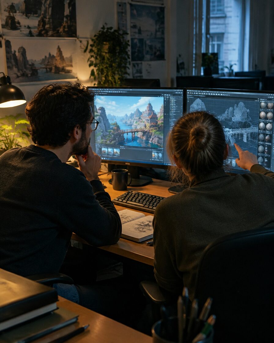 Game developer and technical artist reviewing a 3D environment in a game engine